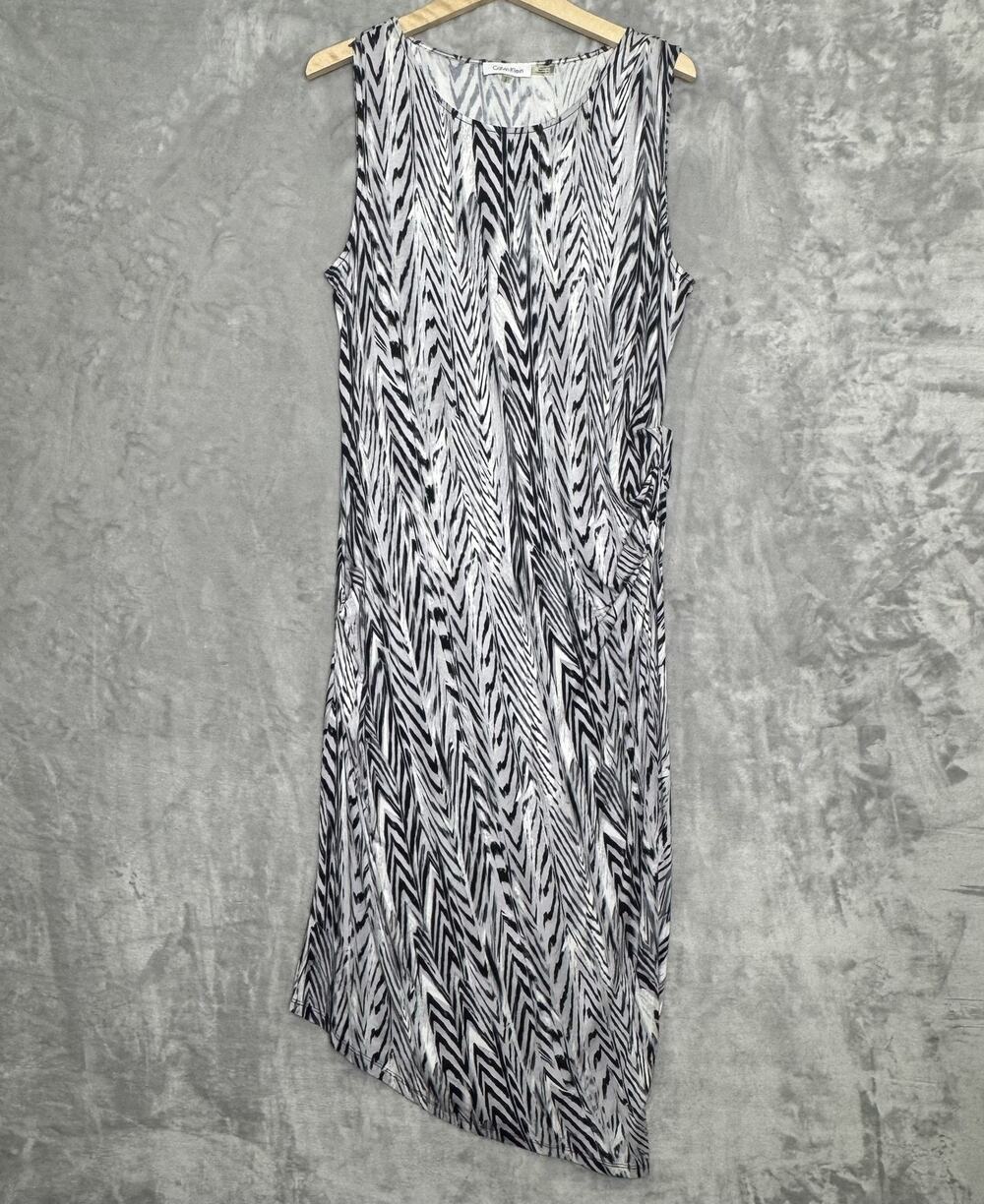 Calvin Klein Dress Womens Large Black White Sleeveless Asymmetrical Ruched Knit